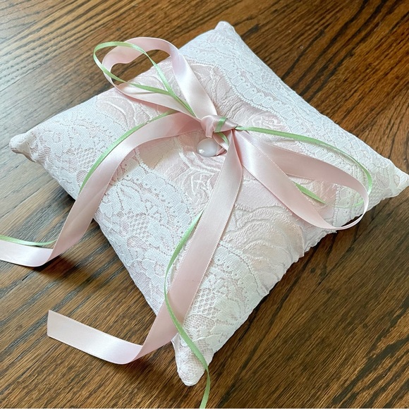 Wedding Bearer Pink Sage Lace and Velour Pillow - Picture 2 of 4